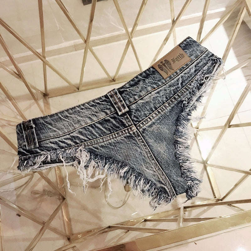 Qisin 2023 New Women Sexy Low Waist Hole Tassel Denim Shorts Jeans