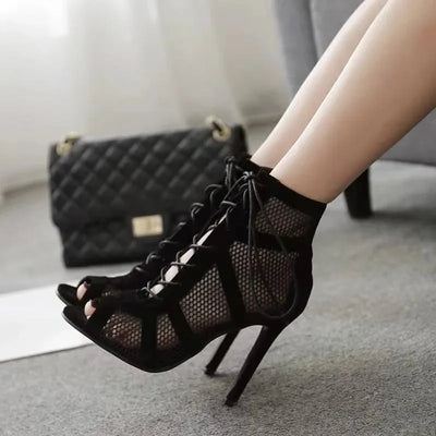 Sexy High Heels Hollow Mesh Sandals Women Summer Cross-tied Peep Toe