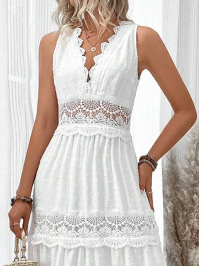 Women's White Party Dress Fashion Lace V-neck Ruffle Hook Flower