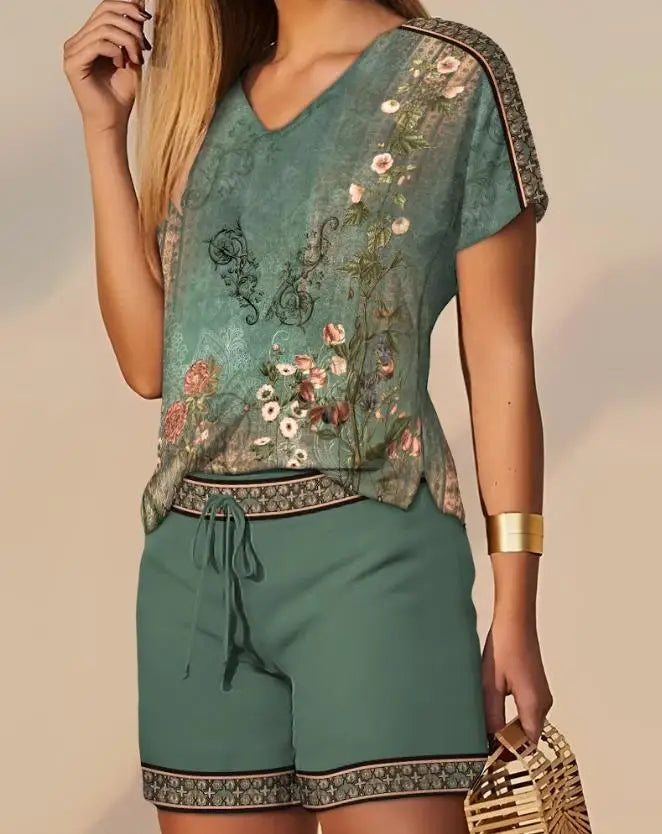 Elegant Two Piece Sets Women Outifits Casual Short Sleeve Floral