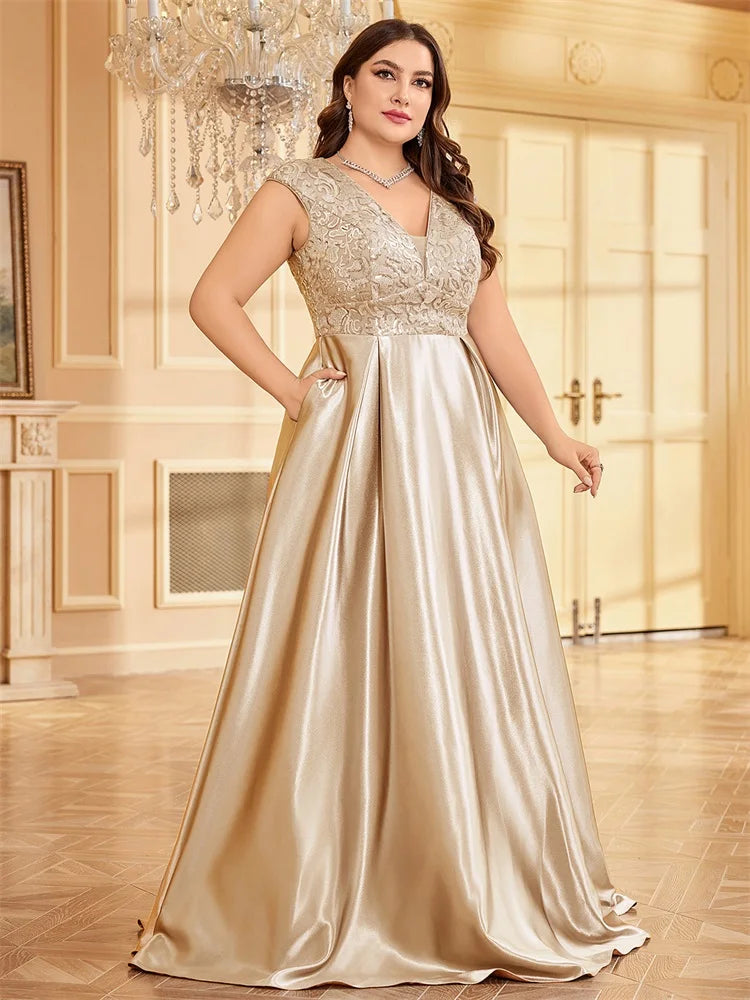 Lucyinlove Plus Size Luxury Gold Satin V-Neck Evening Dress Women