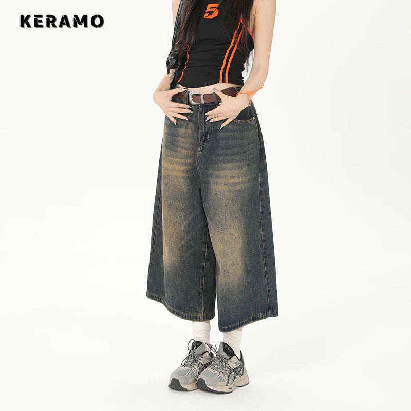 Vintage Streetwear Women Jeans 2024 Summer Loose Male Wide Leg Knee