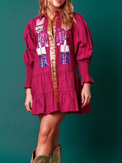 Women Sequin Christmas Nutcracker Shirt Dress Holiday Party Santa
