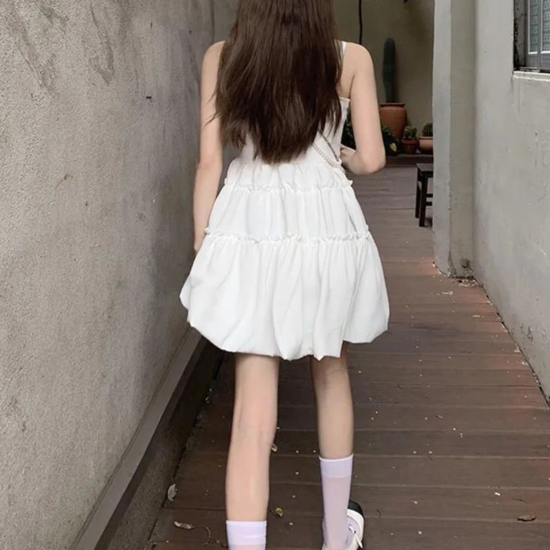 Fashion All-Match Fluffy Dress Women Korean Waist-Tight Spaghetti