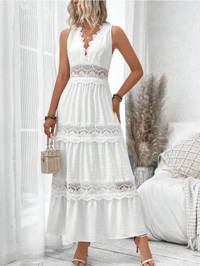 Women's White Party Dress Fashion Lace V-neck Ruffle Hook Flower