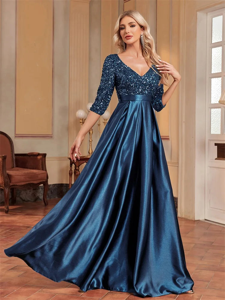 Lucyinlove Elegant Short sleeve Sequins Evening Dress 2024 Women Satin