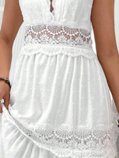 Women's White Party Dress Fashion Lace V-neck Ruffle Hook Flower