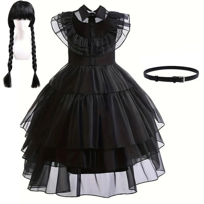 Weirdo Family Gothic Black Ball Gown for Girls Ruffled Prom Dress