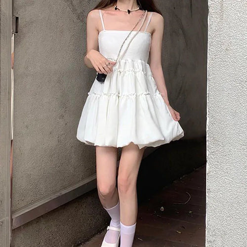 Fashion All-Match Fluffy Dress Women Korean Waist-Tight Spaghetti