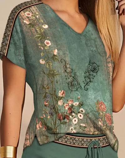 Elegant Two Piece Sets Women Outifits Casual Short Sleeve Floral