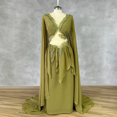 DIDEYTTAWL Real Photos Green Leaf Appliques V-Neck Cut Out Long