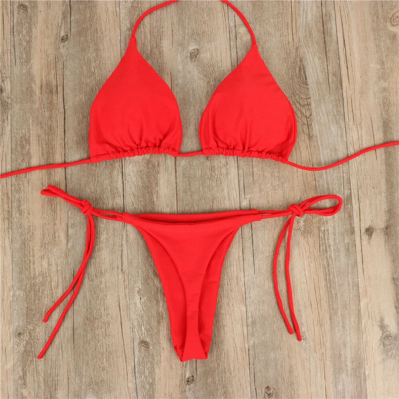 Women Sexy Hanging Neck Thong Bikini Set Side Tie Swimsuit Bandage