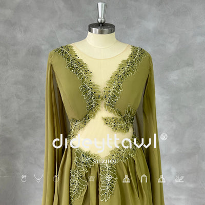 DIDEYTTAWL Real Photos Green Leaf Appliques V-Neck Cut Out Long