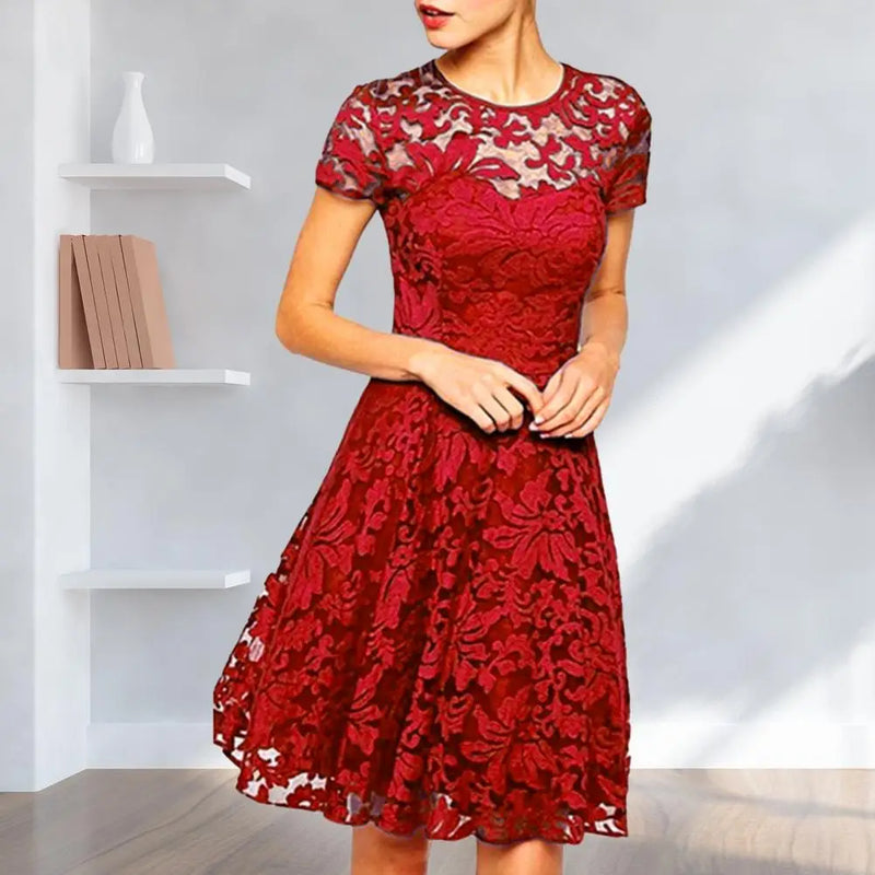 Elegant Women Summer Dress O Neck Transparent Lace Hollow Lady Mini