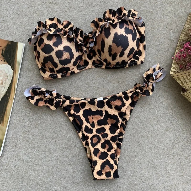 sexy ruffles strapless bikinis sets women leopard print swimsuit two