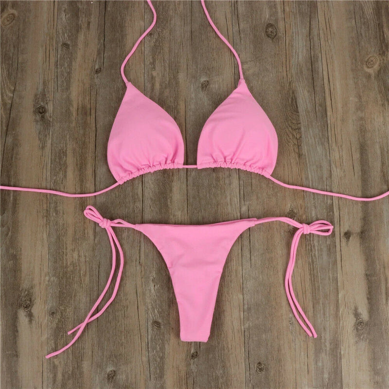 Women Sexy Hanging Neck Thong Bikini Set Side Tie Swimsuit Bandage