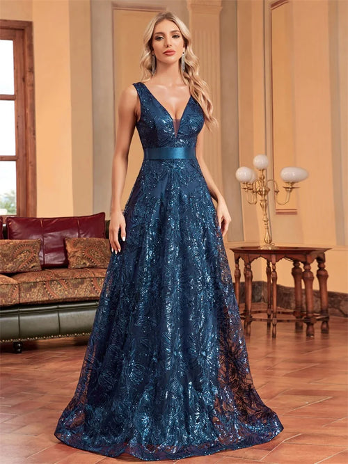 Lucyinlove Luxury Sexy Deep V-Neck Sequins Blue Evening Dresses Women