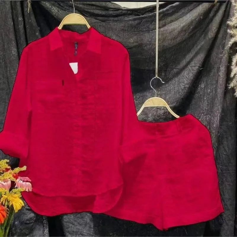 2024 Summer Casual Shirt Two Piece Set For Women Shorts 2 Piece Sets