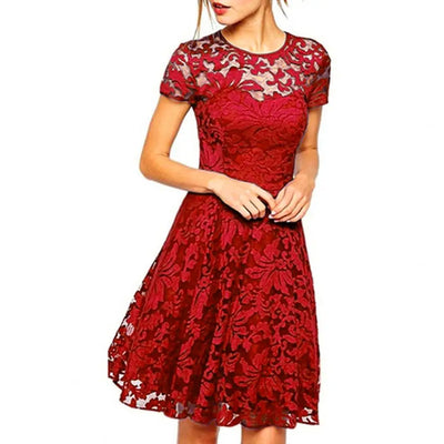 Elegant Women Summer Dress O Neck Transparent Lace Hollow Lady Mini