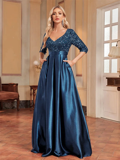 Lucyinlove Elegant Short sleeve Sequins Evening Dress 2024 Women Satin