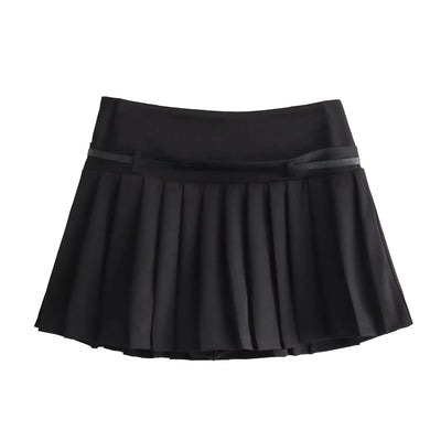 Women's Vintage Wide Pleated Short Skirt with Belt