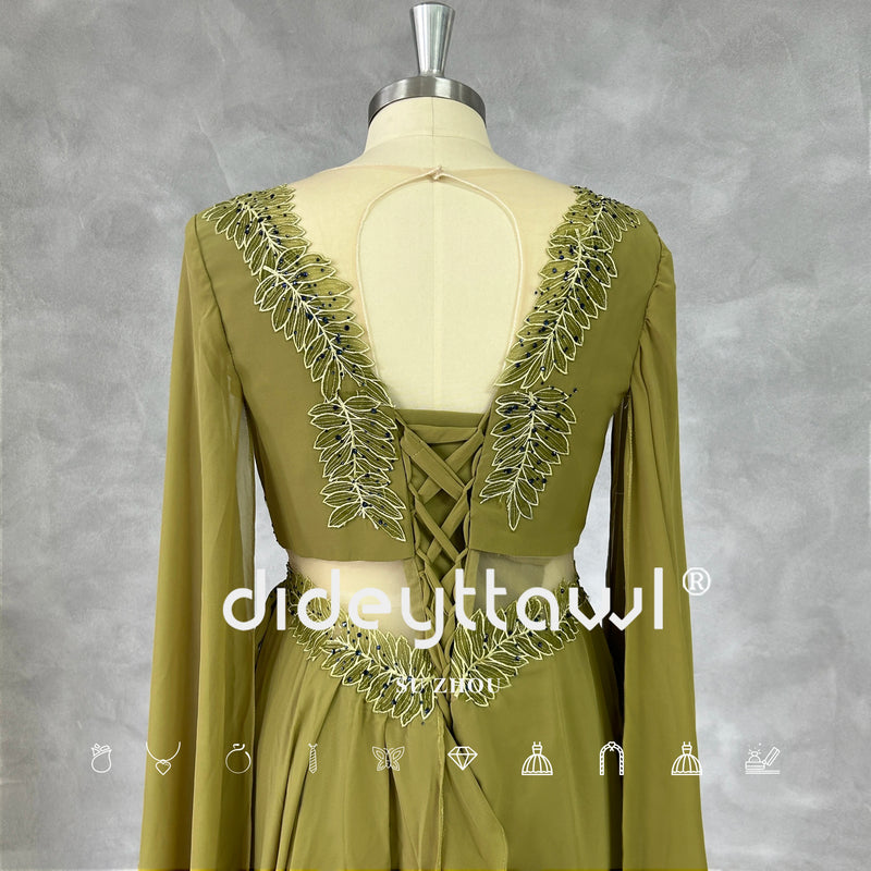 DIDEYTTAWL Real Photos Green Leaf Appliques V-Neck Cut Out Long