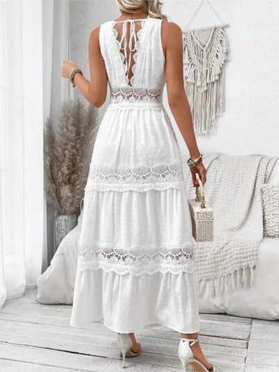 Women's White Party Dress Fashion Lace V-neck Ruffle Hook Flower