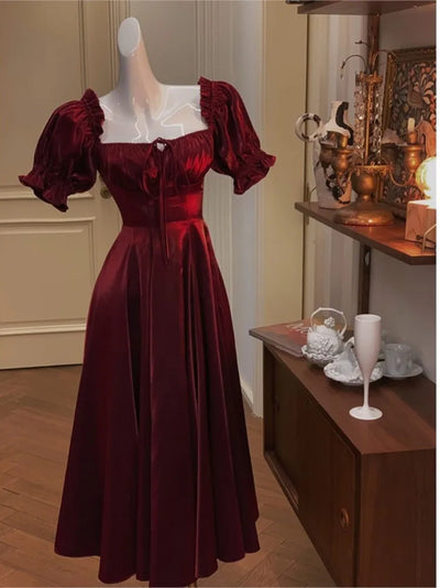 French Vintage Burgundy Evening Party Dress Women 2023 Summer Elegant