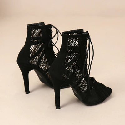 Sexy High Heels Hollow Mesh Sandals Women Summer Cross-tied Peep Toe