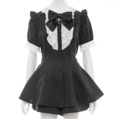 Japanese Style Gothic Y2k Lolita Plaid Rhinestone Bow Dress Shorts Set