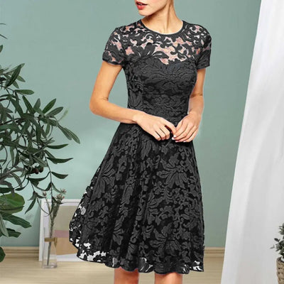 Elegant Women Summer Dress O Neck Transparent Lace Hollow Lady Mini