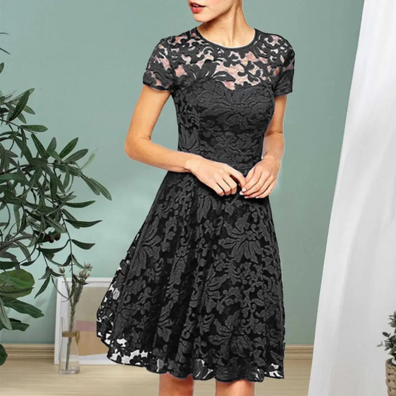 Elegant Women Summer Dress O Neck Transparent Lace Hollow Lady Mini