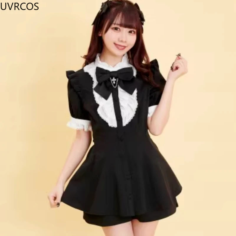 Japanese Style Gothic Y2k Lolita Plaid Rhinestone Bow Dress Shorts Set