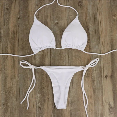 Women Sexy Hanging Neck Thong Bikini Set Side Tie Swimsuit Bandage