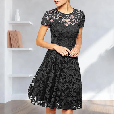 Elegant Women Summer Dress O Neck Transparent Lace Hollow Lady Mini