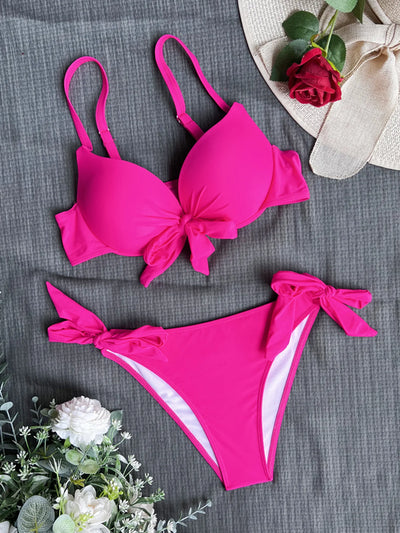 sexy front bow knot push up bikinis two pieces solid swimsuit tie