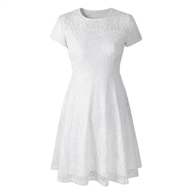 Elegant Women Summer Dress O Neck Transparent Lace Hollow Lady Mini
