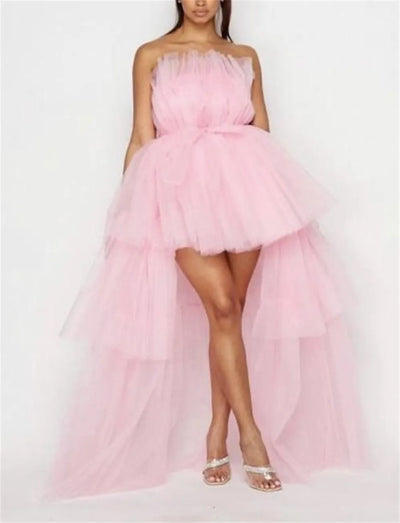 Hot Sale Elegant Womens High Low Tulle Dress Strapless Solid Color