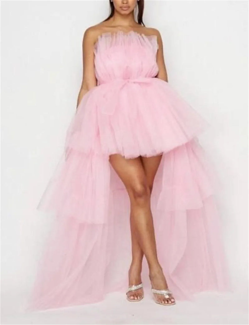 Hot Sale Elegant Womens High Low Tulle Dress Strapless Solid Color