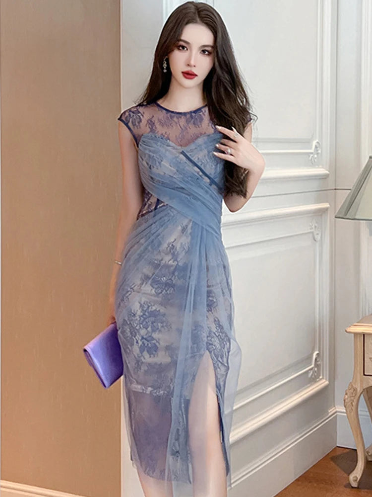 New Women Fashion French Retro Maxi Dress Woman Sheer Mesh Lace