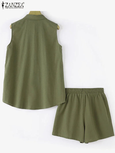Elegant OL Work Short Sets ZANZEA 2pcs Women Outfits Summer Sleeveless