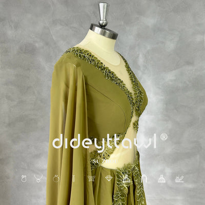 DIDEYTTAWL Real Photos Green Leaf Appliques V-Neck Cut Out Long