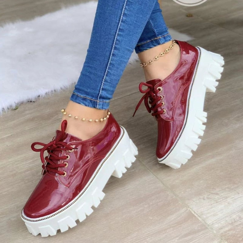 Thick Heel Increased Flat Platform Oxford Women Shoes Red/Black/Pink