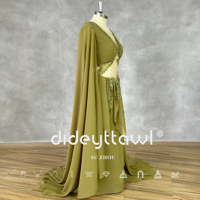 DIDEYTTAWL Real Photos Green Leaf Appliques V-Neck Cut Out Long