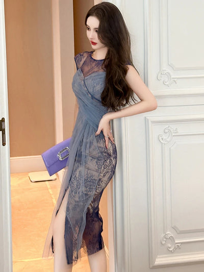 New Women Fashion French Retro Maxi Dress Woman Sheer Mesh Lace