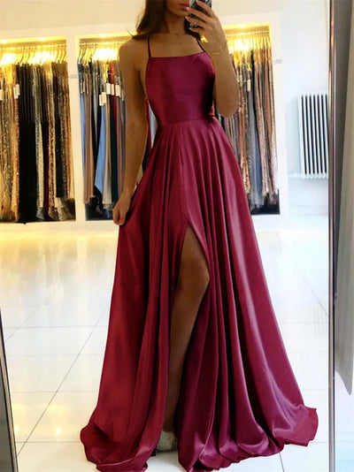 Burgundy Satin Beach Maxi Women Dress for Christmas Sexy Side Slit