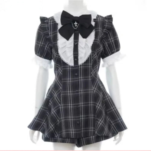 Japanese Style Gothic Y2k Lolita Plaid Rhinestone Bow Dress Shorts Set