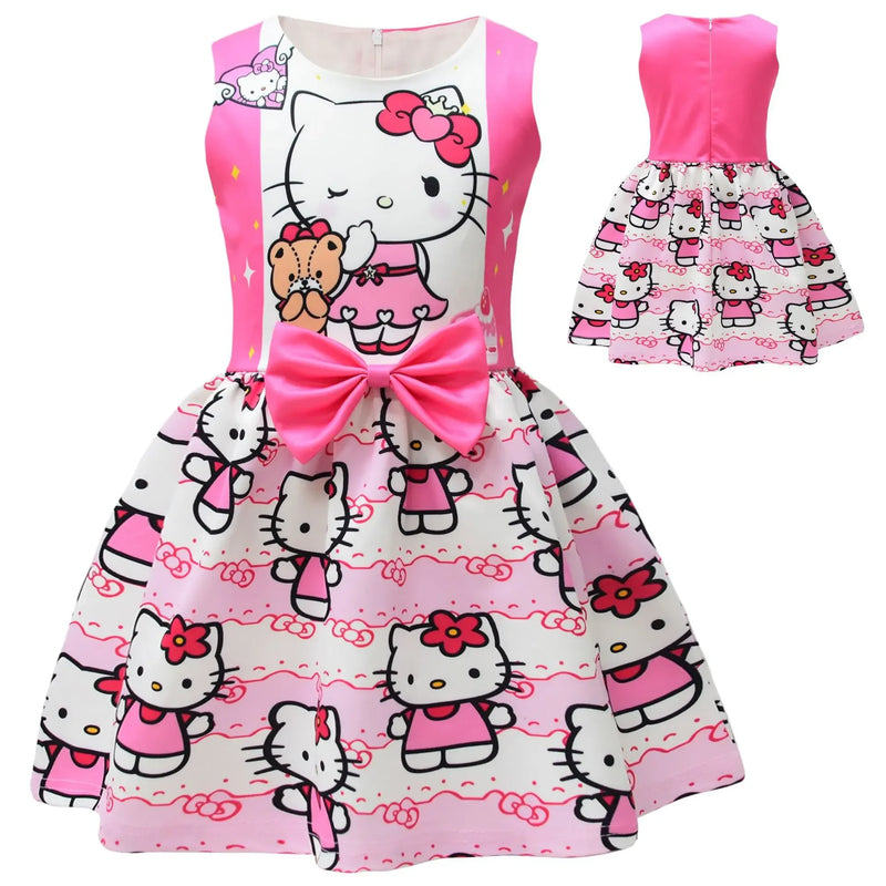 Hello Kitty Cartoon Printed Net Yarn Short-Sleeved Pleated Dress for