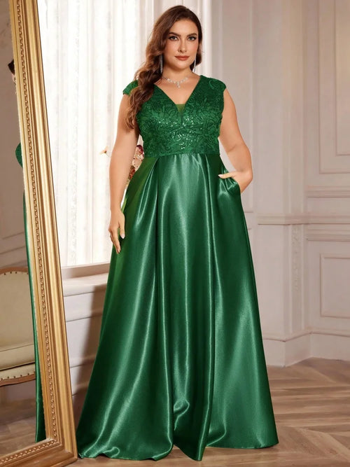 Lucyinlove Plus Size Luxury Gold Satin V-Neck Evening Dress Women