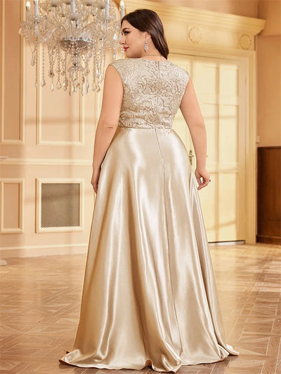 Lucyinlove Plus Size Luxury Gold Satin V-Neck Evening Dress Women